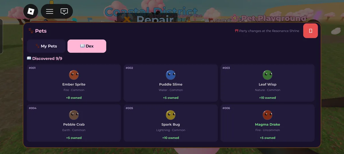 The new Pet Dex screen