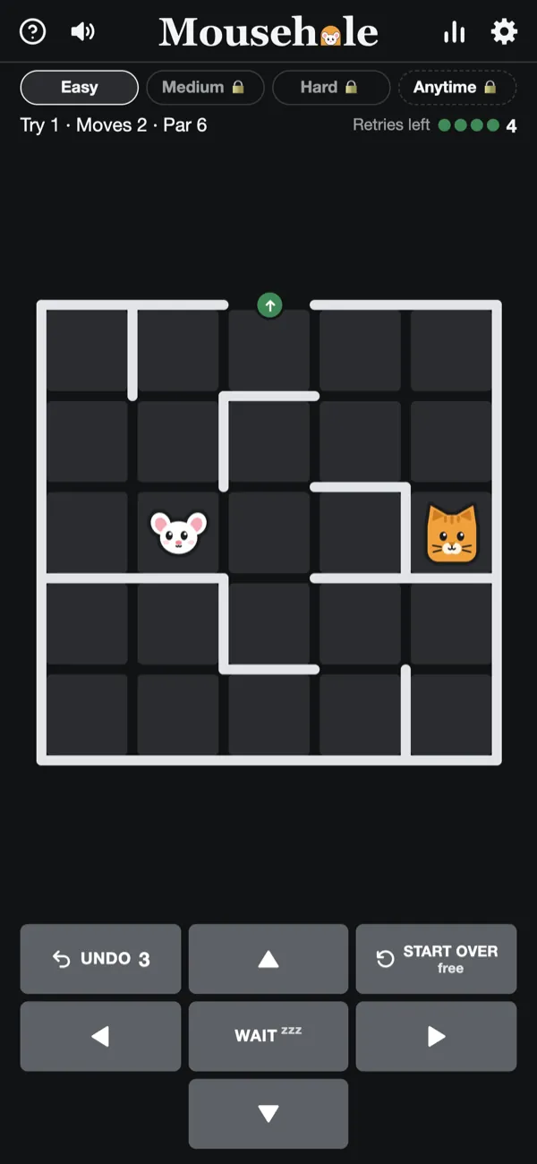 A daily Easy maze in progress, with undo, wait and start over below the board