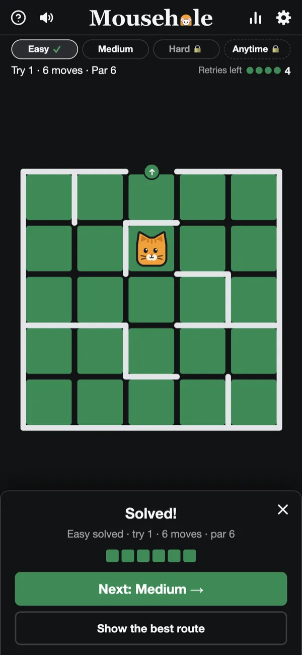 The Easy maze solved at par, with the Medium maze one tap away