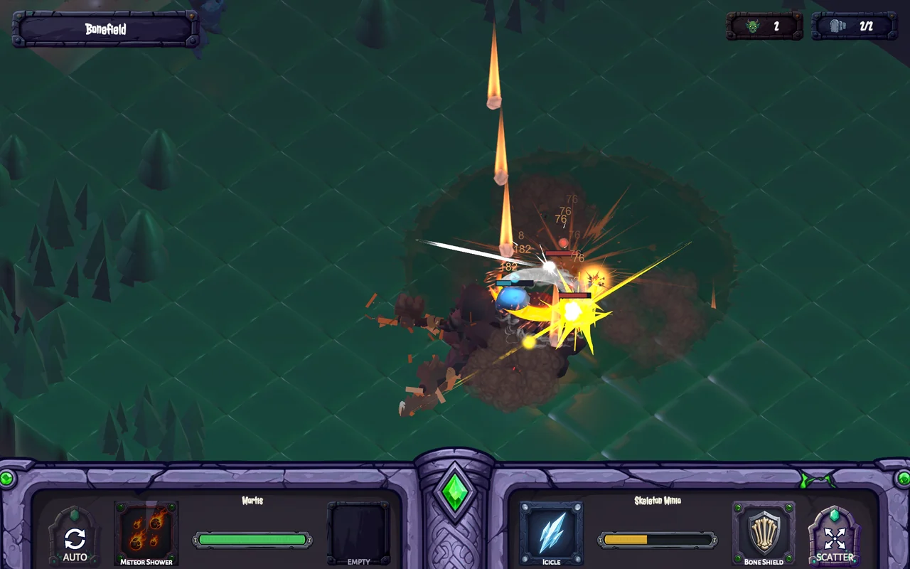 A battle mid-fight, an ultimate raining meteors on a pair of Skeleton Golems