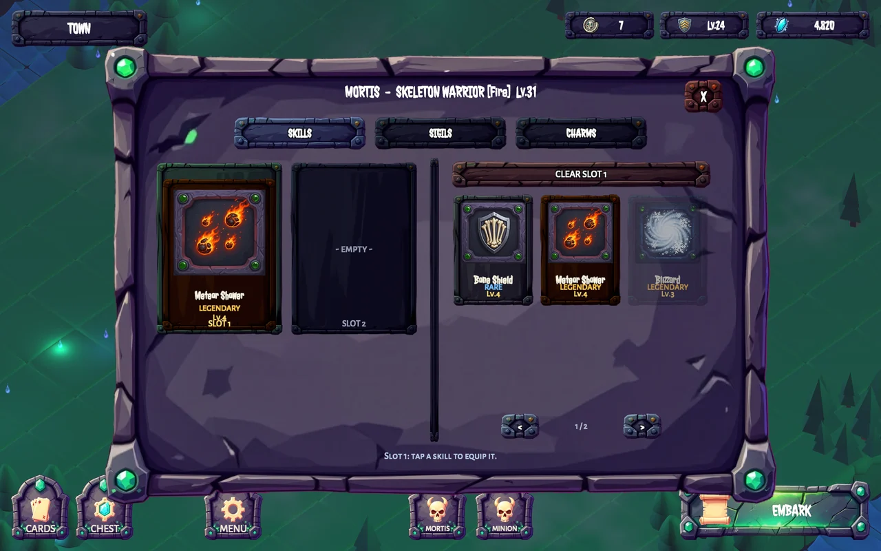 The loadout spread, with equipped skills on the left and everything else on the right