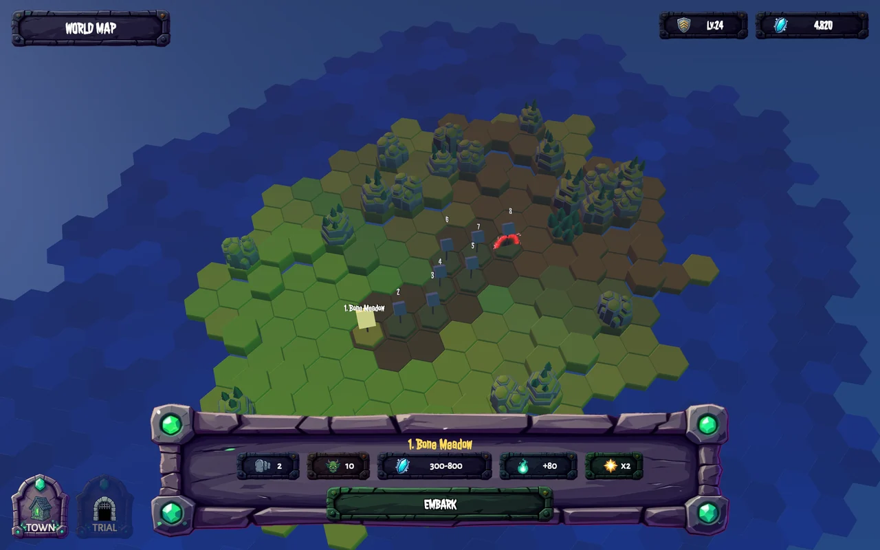 The hex overworld map used to pick the next level