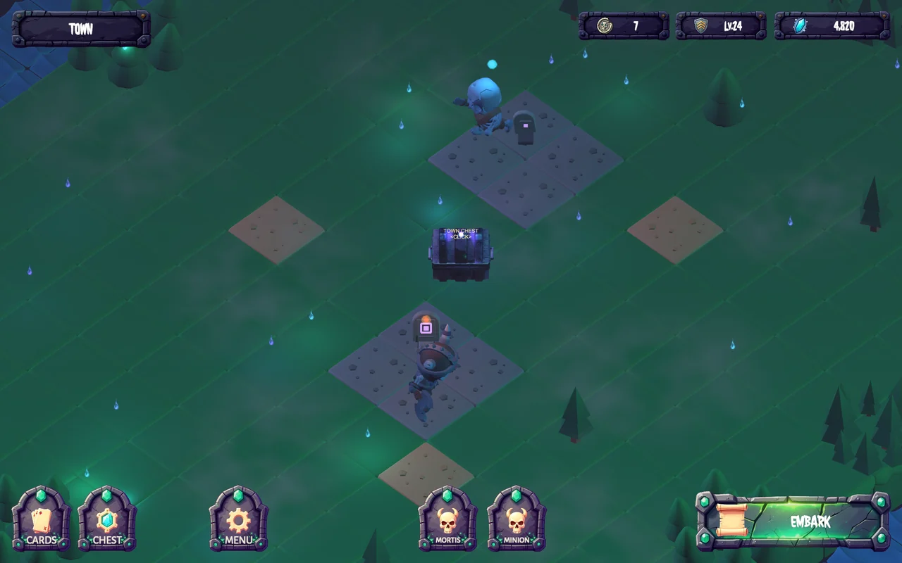 The graveyard town hub, with Mortis and the talking chest